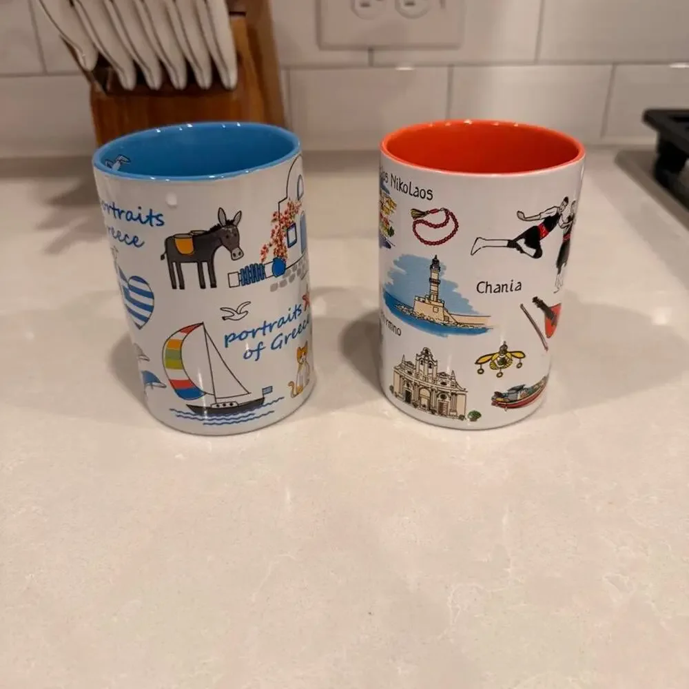 Set of 2 Aegean Art Greece Souvenir Mugs Portraits of Greece & Crete Cups